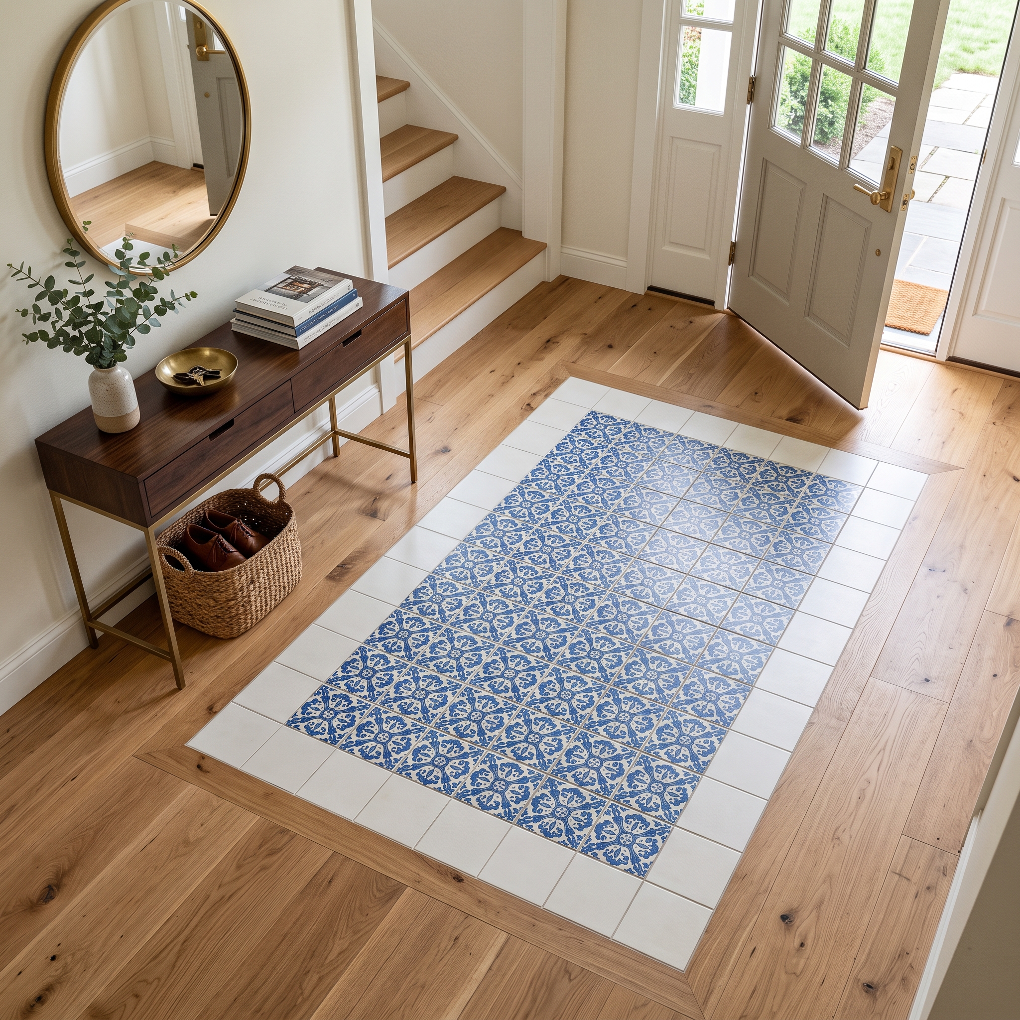 Tile rug of patterned blue and white tile set flush into a white oak hardwood floor in an entryway